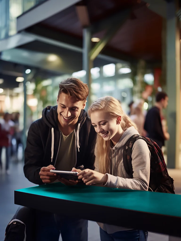 Two adult students, a girl and a boy, unitedly exploring an AI elearning course on a tablet in the vibrant lobby of a university. Embracing the power of elearning platforms and the integration of Artificial Intelligence, they delve into the benefits of AI in education for enhanced learning experiences