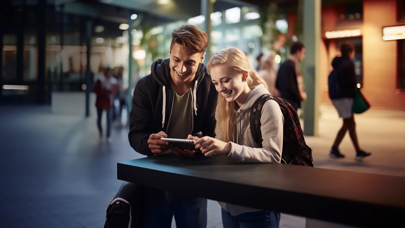 Two adult students, a girl and a boy, unitedly exploring an AI elearning course on a tablet in the vibrant lobby of a university. Embracing the power of elearning platforms and the integration of Artificial Intelligence, they delve into the benefits of AI in education for enhanced learning experiences