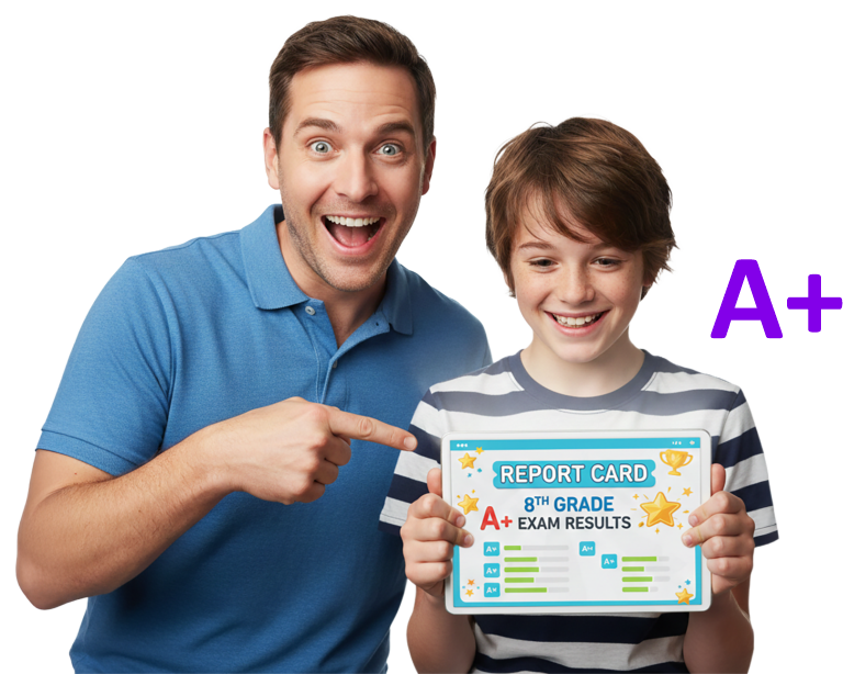 An excitement dad pointing at a tablet that showing is 8th grade A+ result in exam